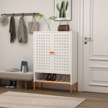 White metal grid two-door shoe cabinet with perforated X panels and orange legs on Tampa Home and Garden Store