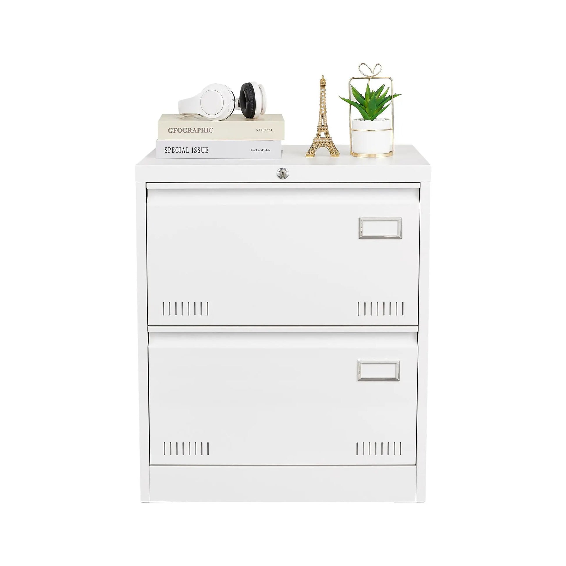 White 3-drawer locking filing cabinet by Unique Piece Furniture; top with headphones and books on Tampa Home & Garden Store