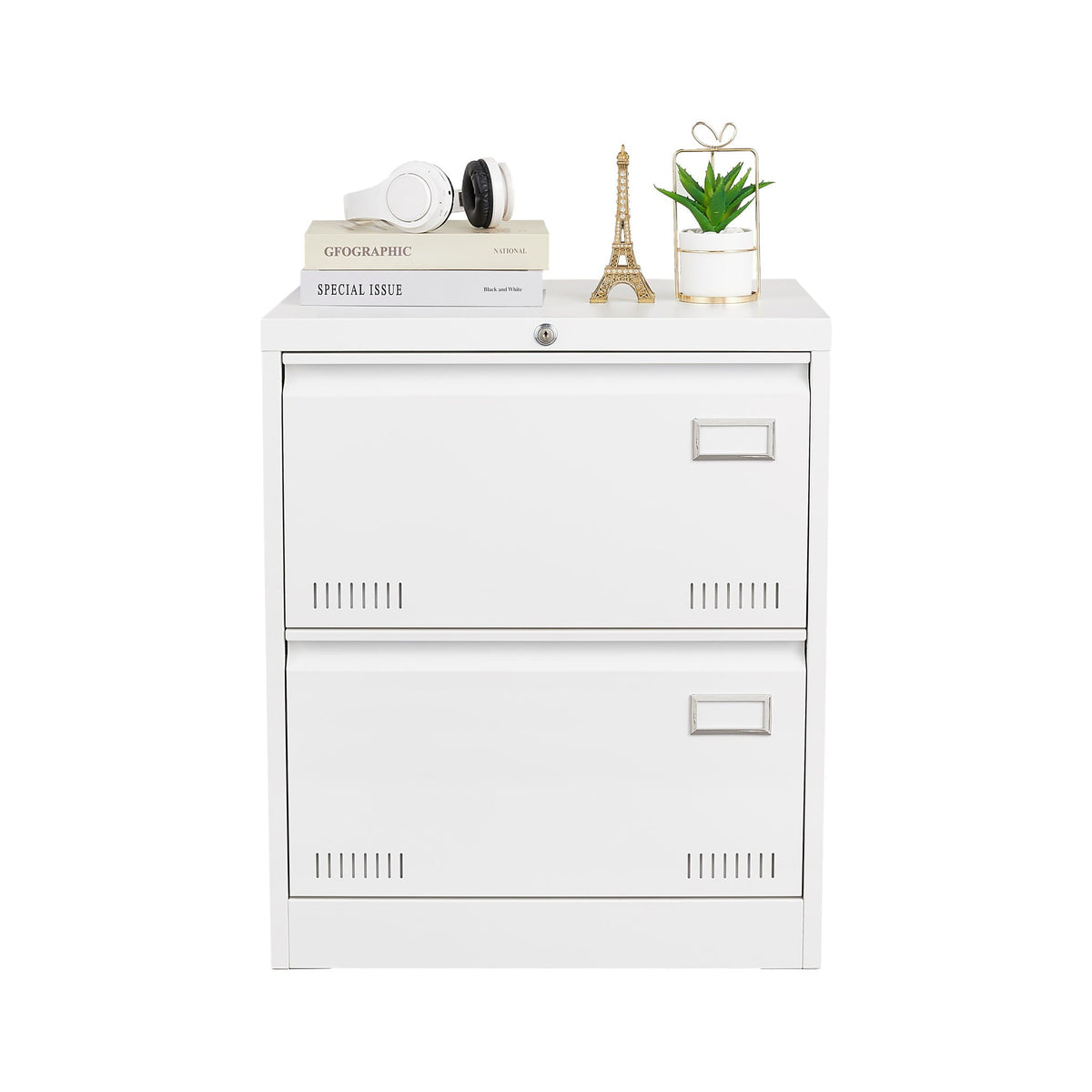 White locking metal filing cabinet with 3 drawers, topped by books and headphones on Tampa Home & Garden Store