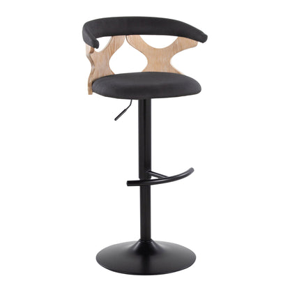 Contemporary adjustable barstool with black padded seat and back, wood curved backrest on Tampa Home & Garden Store