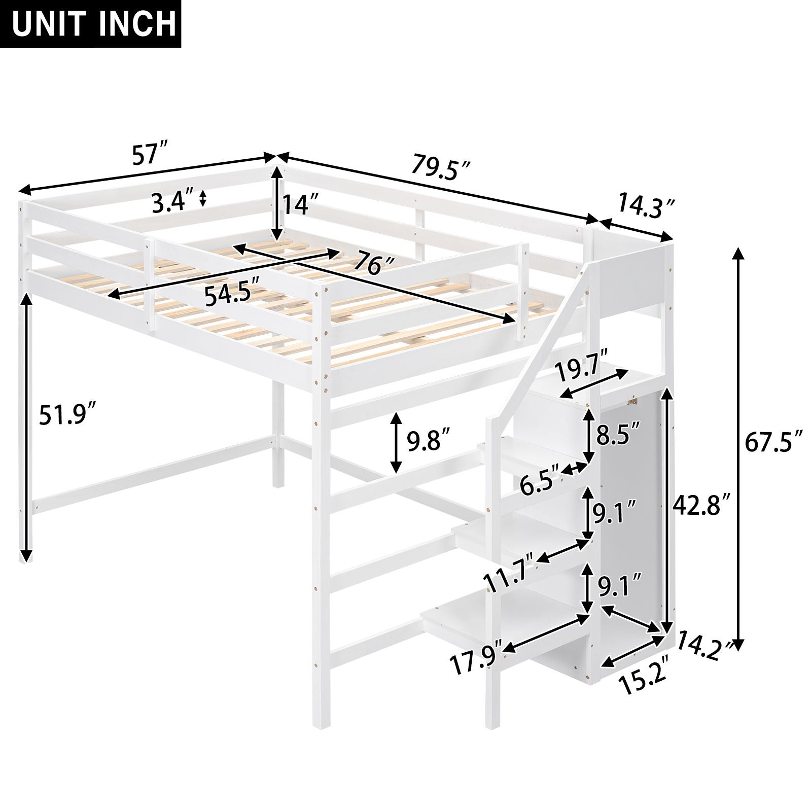 Loft bed with built-in storage wardrobe and staircase, white wood by HouseOfZazla on Tampa Home & Garden Store
