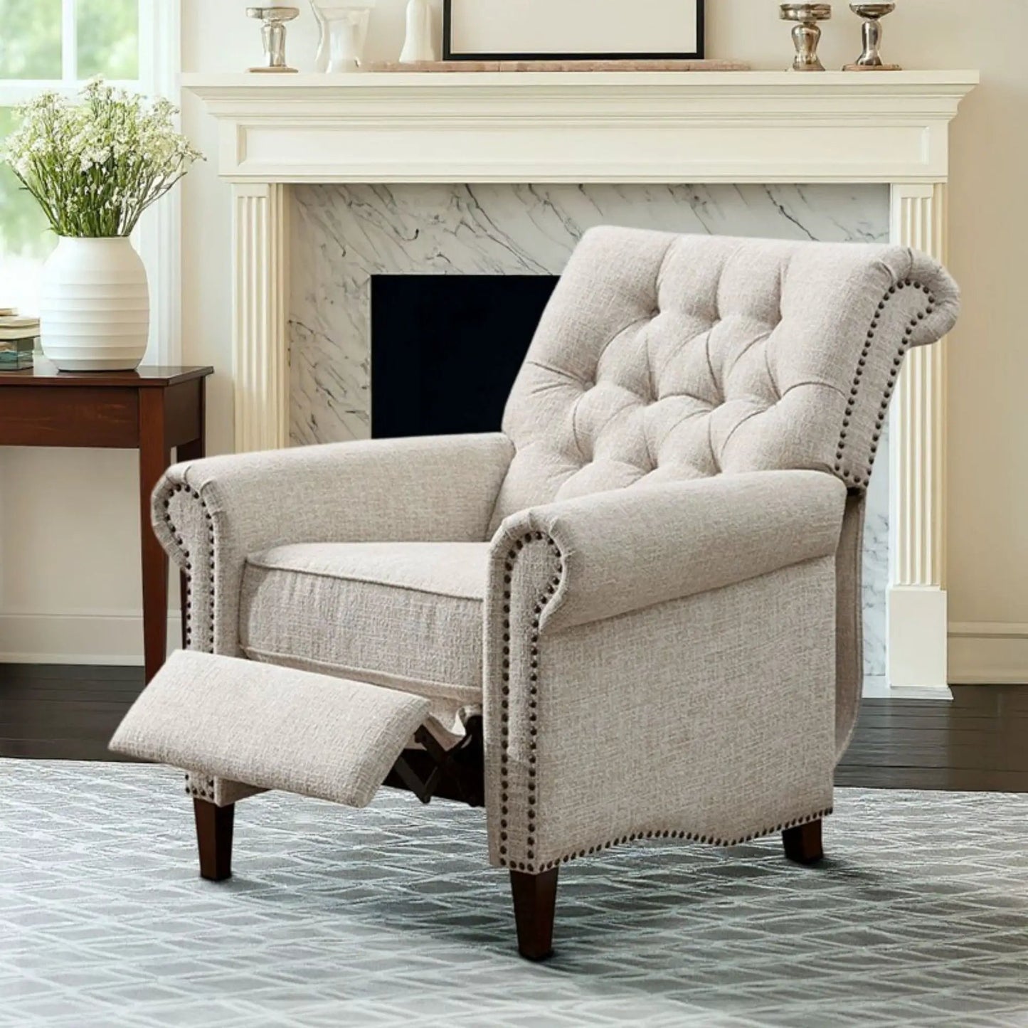 Aidan cream push-back recliner chair with tufted back and nailhead trim on Tampa Home & Garden Store