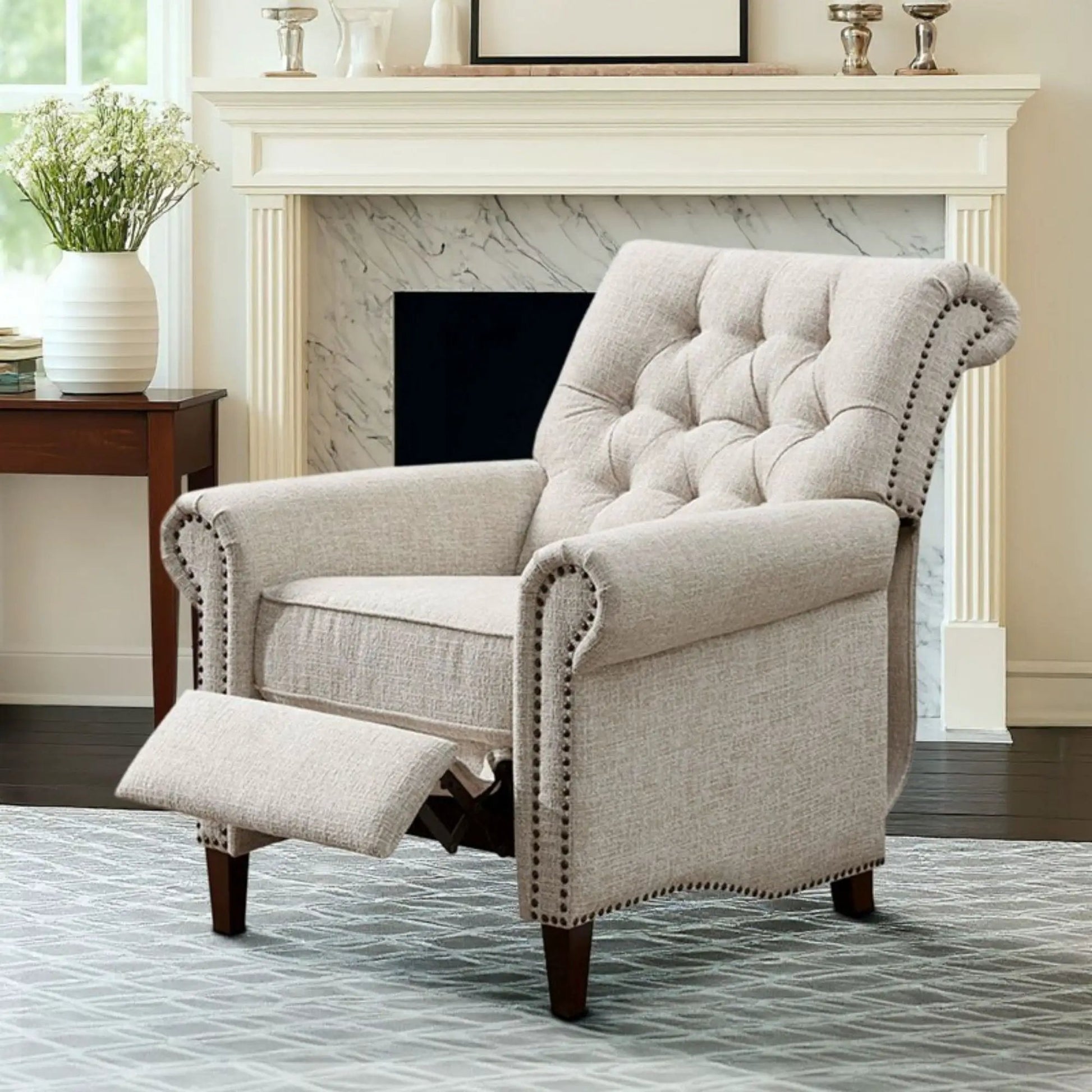 Aidan cream push-back recliner chair with tufted back and nailhead trim on Tampa Home & Garden Store