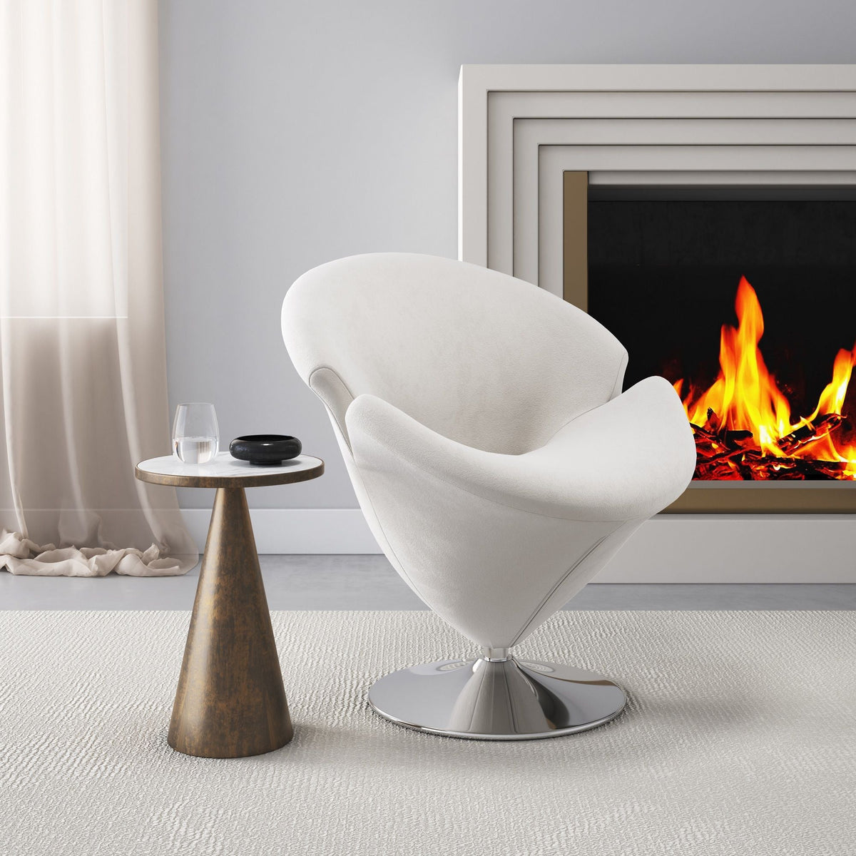 HouseOfZazla Tulip Swivel Chair, white upholstery, 360° rotation, chrome pedestal base on Tampa Home & Garden Store