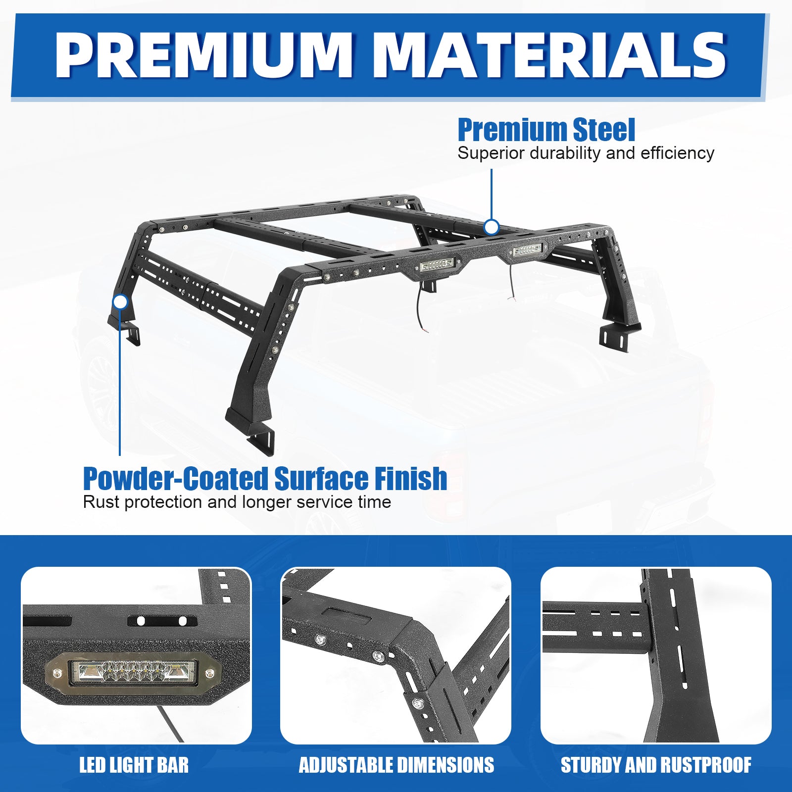 Overland Truck Bed Rack by HouseOfZazla, heavy-duty steel powder-coated finish and LED bars on Tampa Home & Garden Store