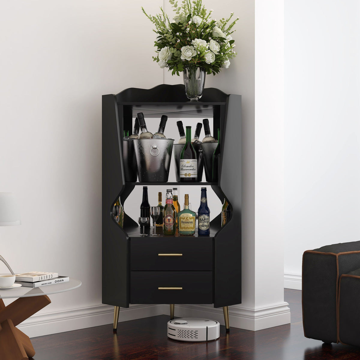 Corner Bar Cabinet with mirrored back and storage shelves, black wood, HouseOfZazla wine cabinet on Tampa Home & Garden Store