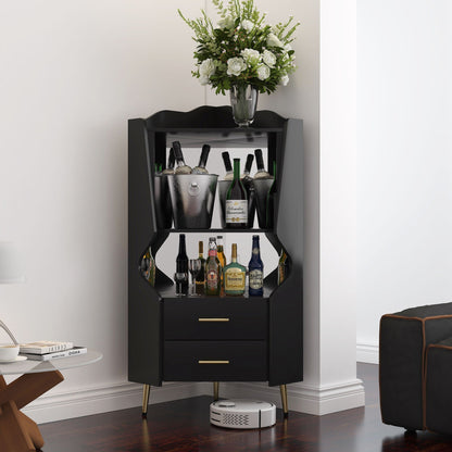 Corner Bar Cabinet with mirrored back and storage shelves, black wood, HouseOfZazla wine cabinet on Tampa Home & Garden Store