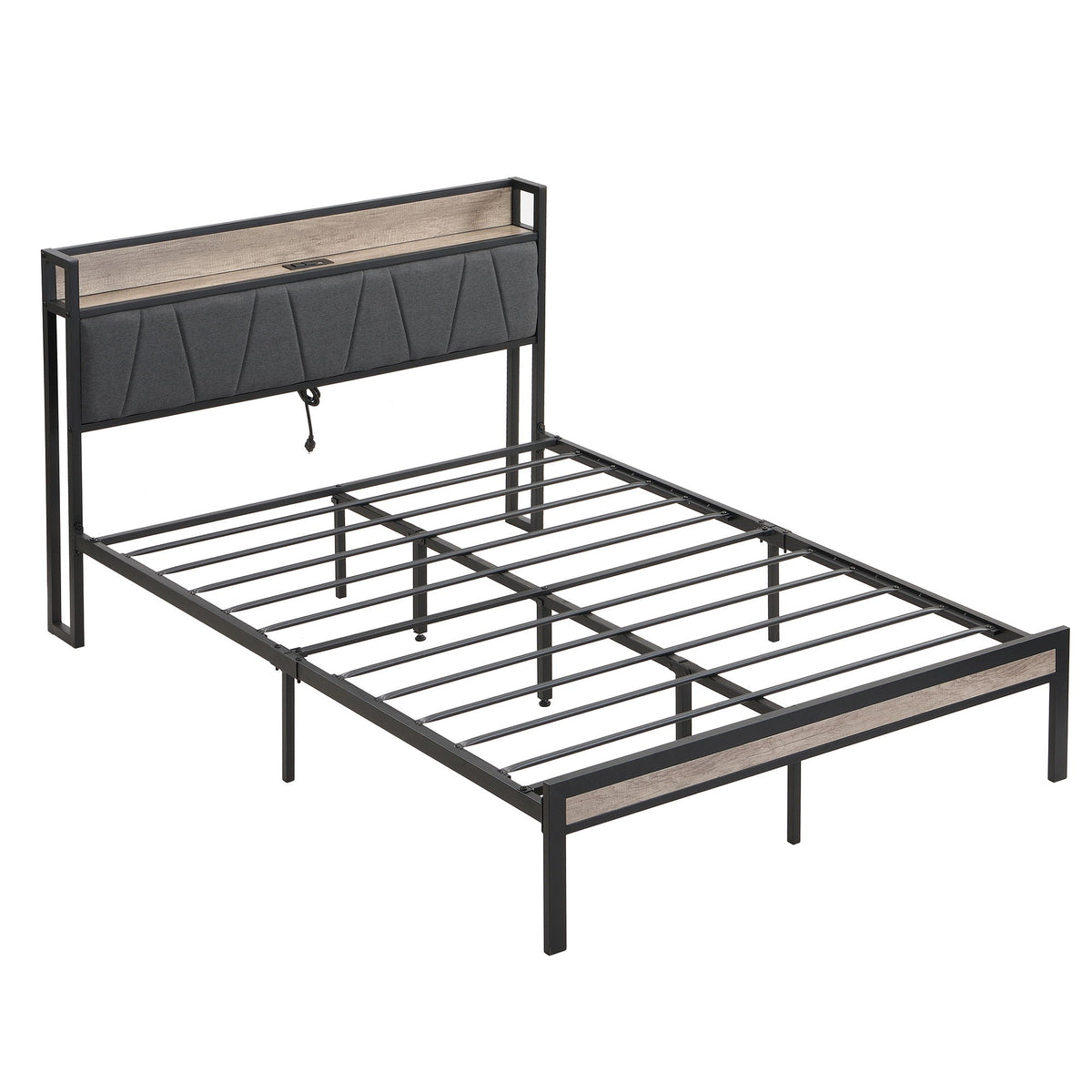 Storage bed frame with dark gray upholstered headboard, black metal frame, and USB charging port on Tampa Home & Garden Store