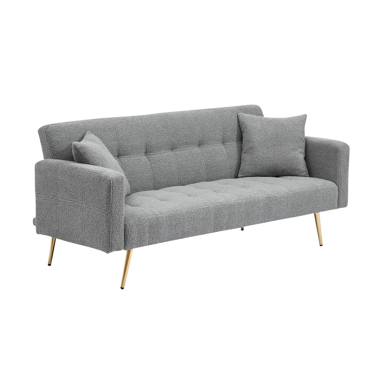 Teddy Fleece Sofa Bed gray with tufted back and two pillows gold legs Unique Piece Furniture on Tampa Home & Garden Store