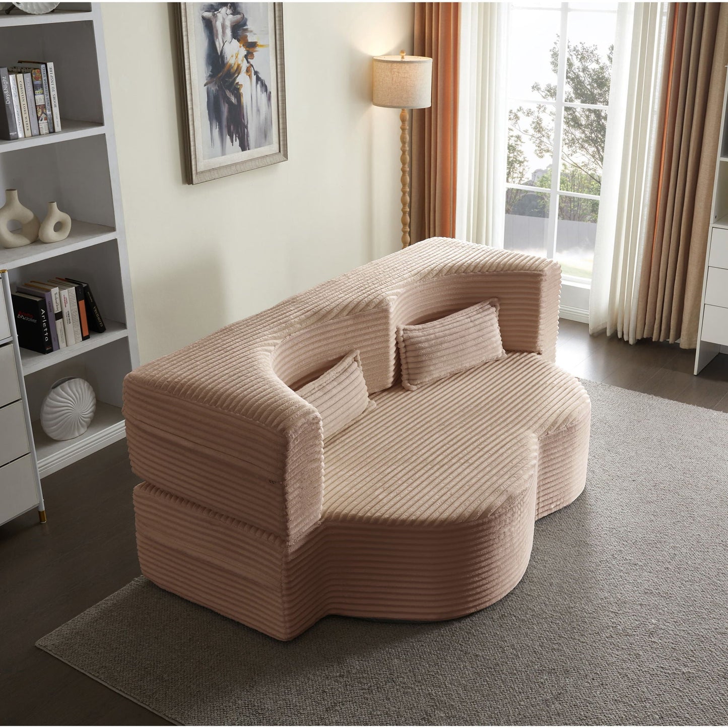 HouseOfZazla floor convertible sleeper sofa bed with 2 pillows in blush pink ribbed fabric on Tampa Home & Garden Store