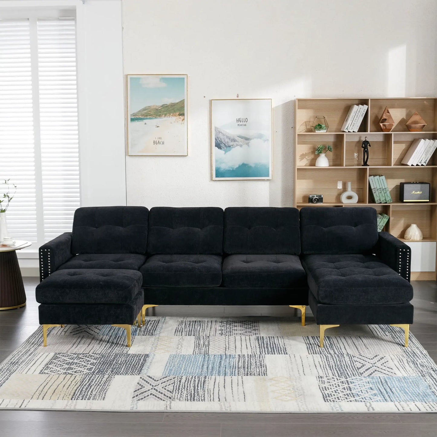 Modern 2-piece L-shaped convertible sectional sofa with movable ottoman in black velvet on Tampa Home & Garden Store
