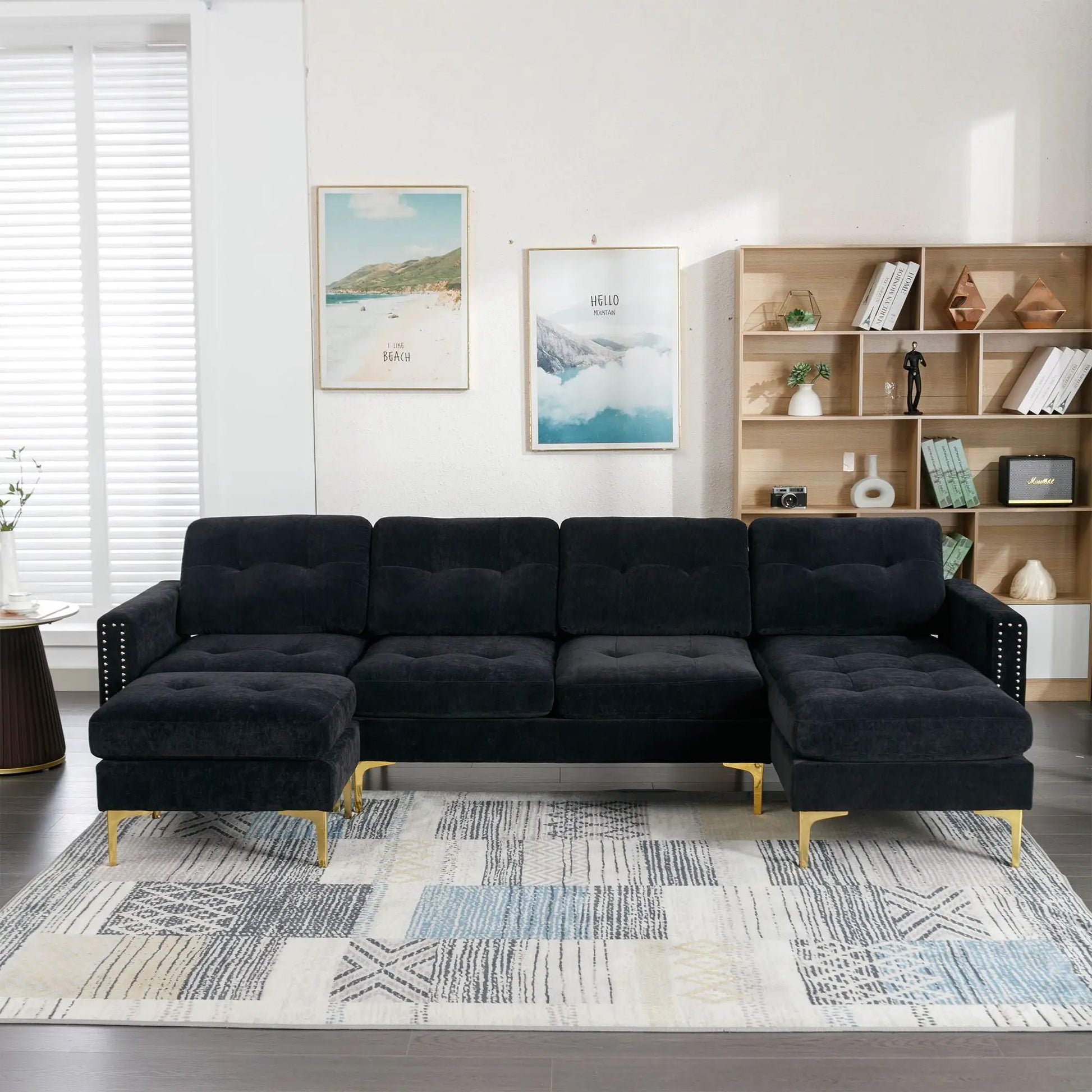 Modern 2-piece L-shaped convertible sectional sofa with movable ottoman in black velvet on Tampa Home & Garden Store