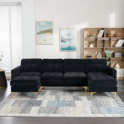 Modern 2-piece L-shaped convertible sectional sofa with movable ottoman in black velvet on Tampa Home & Garden Store