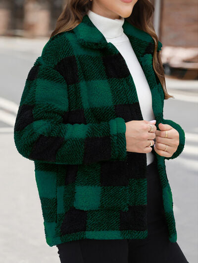 Stevvex green and black plaid fuzzy button-up jacket with drop shoulders worn over white turtleneck on Tampa Home & Garden Store