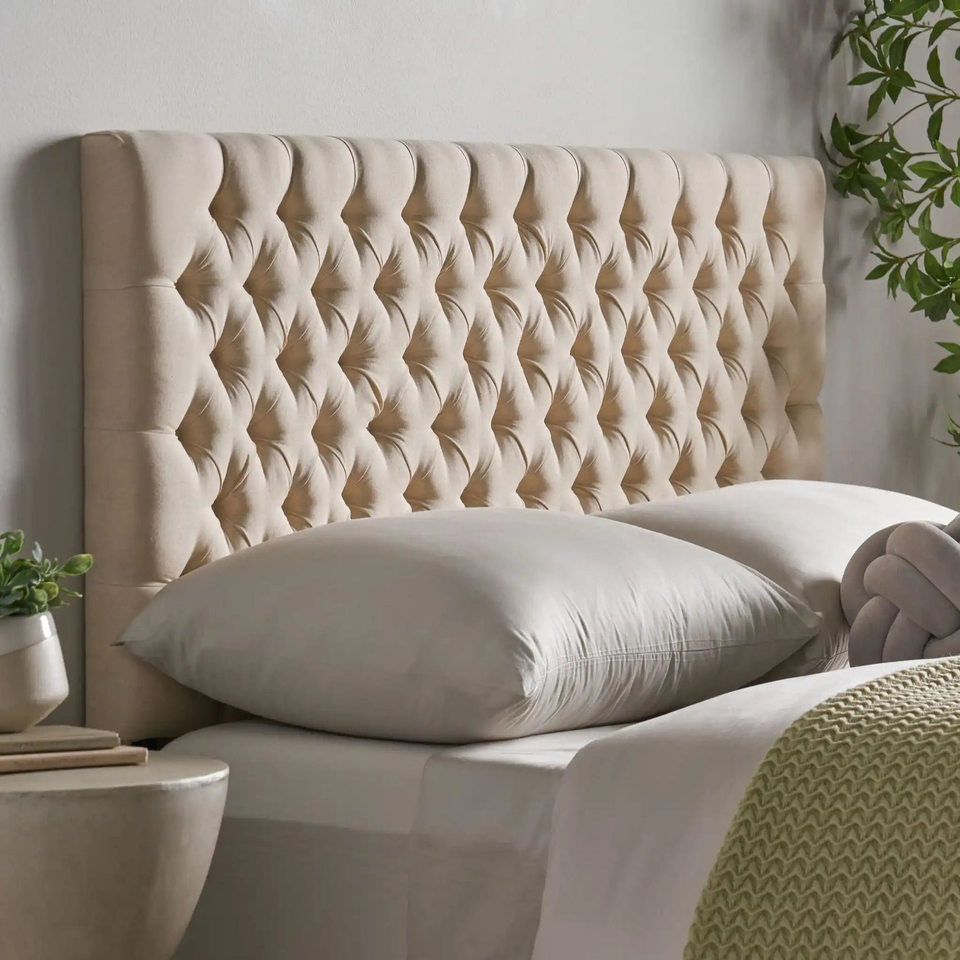 Annecy Contemporary Upholstered Headboard in beige tufted fabric with plush button-tufting on Tampa Home & Garden Store