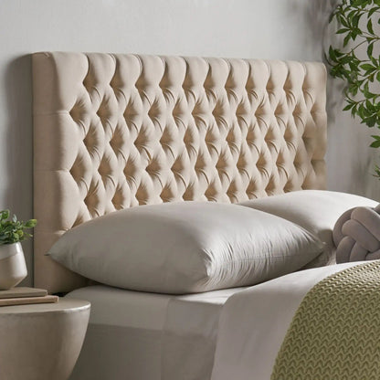 Annecy Contemporary Upholstered Headboard in beige tufted fabric with plush button-tufting on Tampa Home & Garden Store