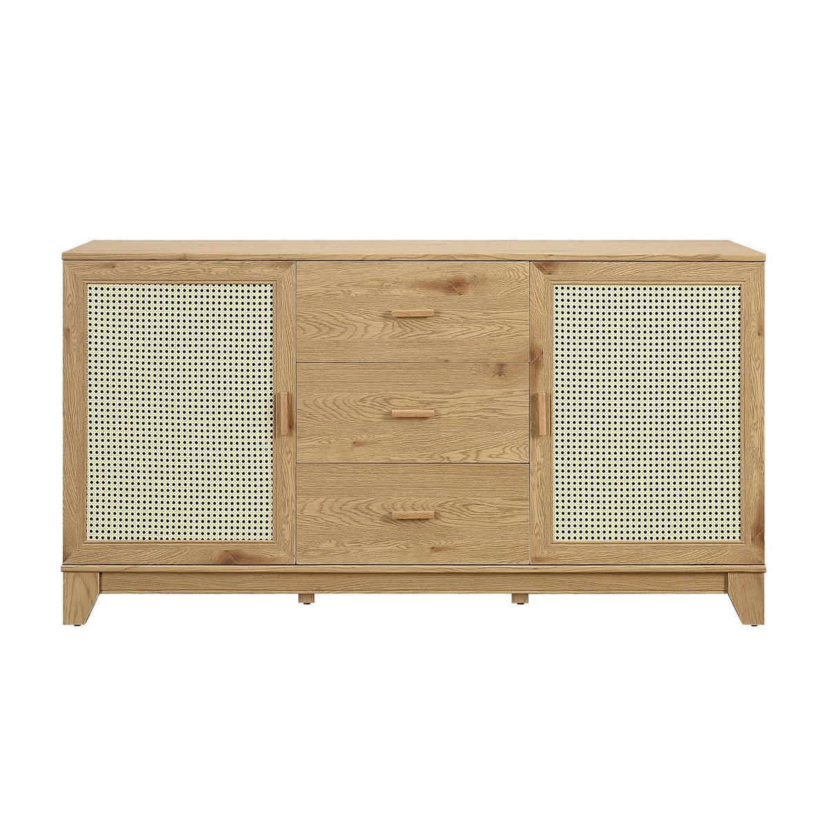 Modern cane design sideboard in light brown wood with cane panels on doors and three drawers on Tampa Home & Garden Store