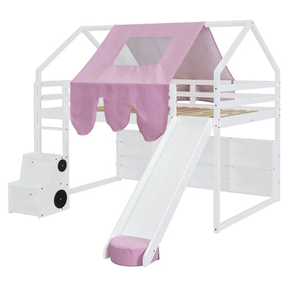Loft bed with house-shaped frame and pink fabric tent, ladder and slide on Tampa Home & Garden Store