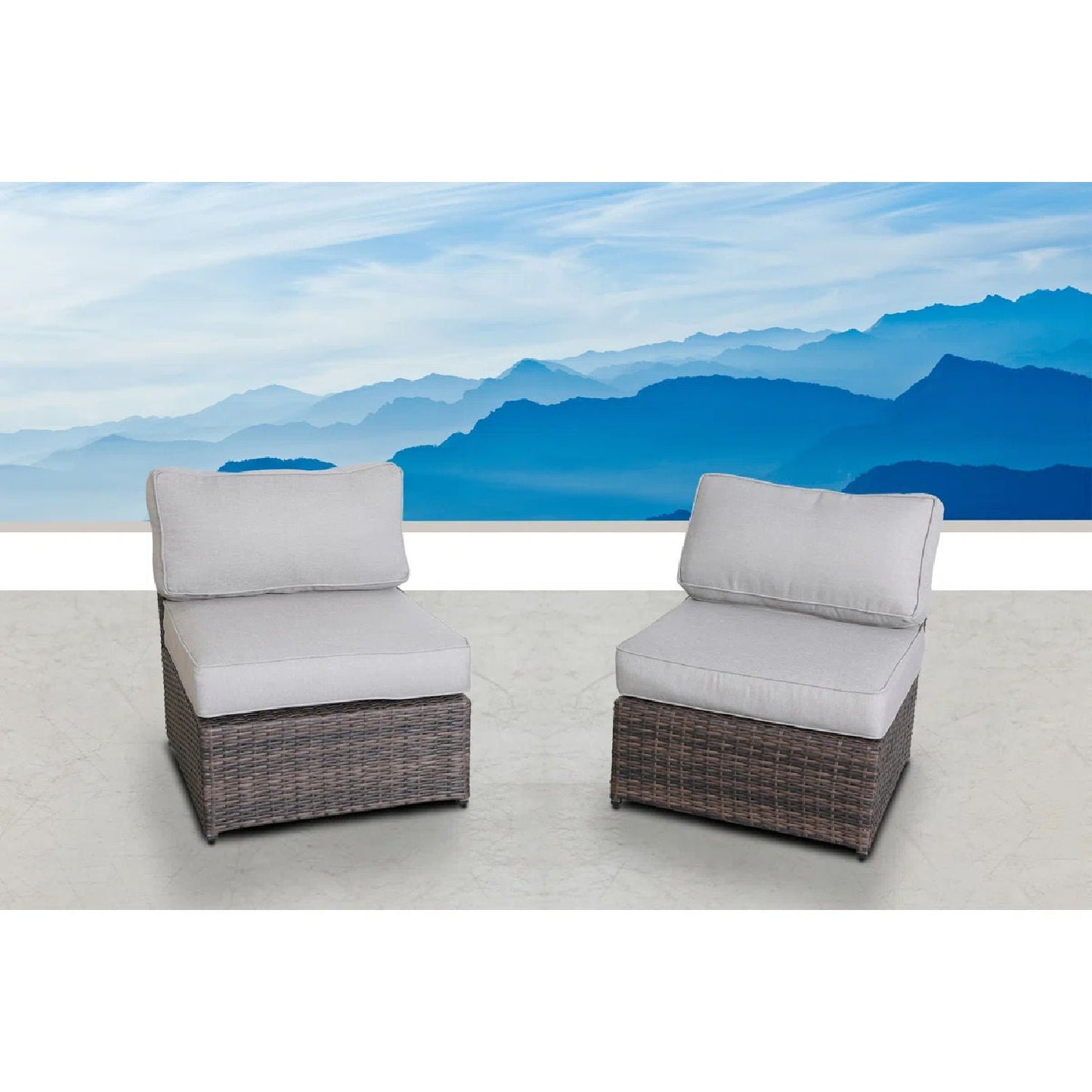 Armless patio chairs set with gray cushions and brown wicker bases, 2 chairs on Tampa Home & Garden Store