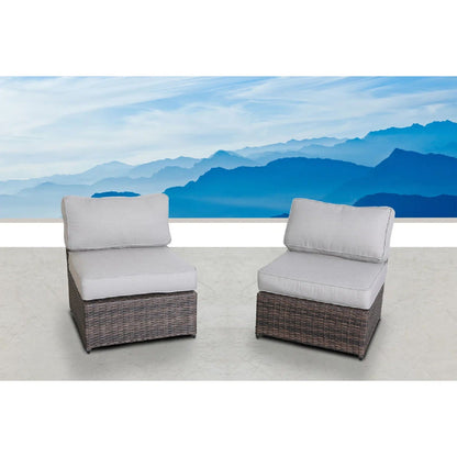 Armless patio chairs set with gray cushions and brown wicker bases, 2 chairs on Tampa Home & Garden Store