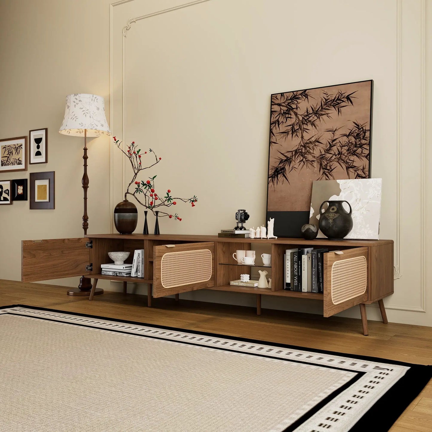 78-inch walnut TV stand with open shelving and woven cane-front cabinets on Tampa Home & Garden Store