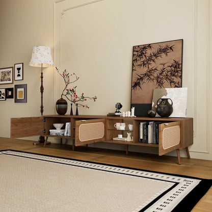 78-inch walnut TV stand with open shelving and woven cane-front cabinets on Tampa Home & Garden Store