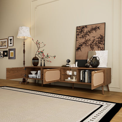78in Walnut TV stand with ample storage open shelves and woven rattan doors by HouseOfZazla on Tampa Home & Garden Store