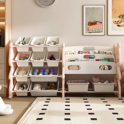 Kids Toy Storage Organizer with 2 Tier Bookshelf