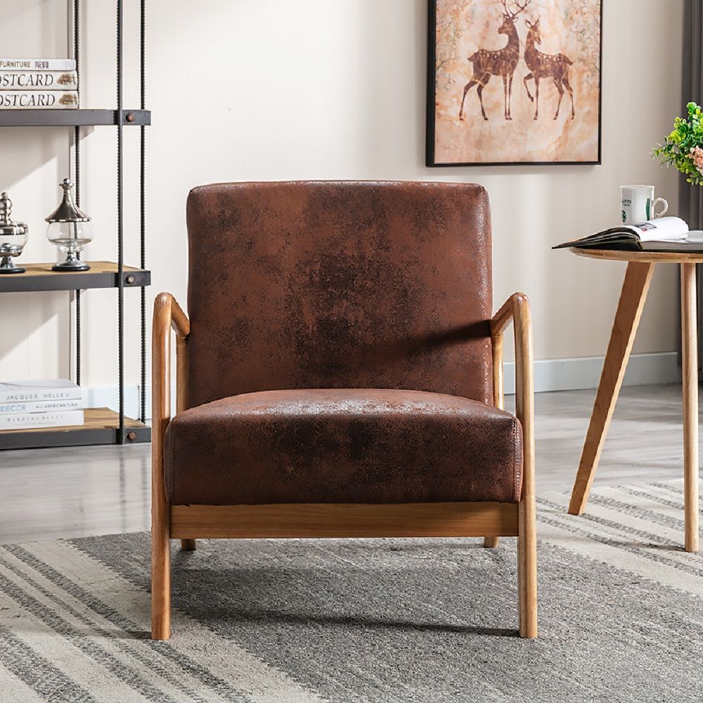 Arm chair brown cushioned leather upholstery with open wood frame HouseOfZazla on Tampa Home & Garden Store