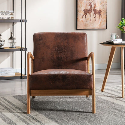 Arm chair brown cushioned leather upholstery with open wood frame HouseOfZazla on Tampa Home & Garden Store
