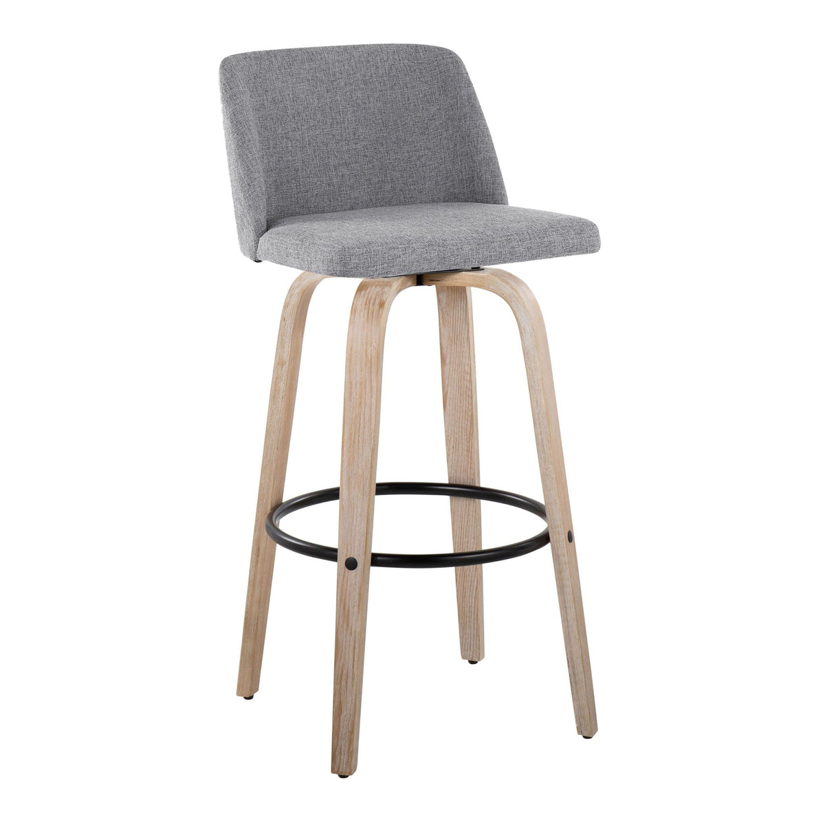 Mid-Century Modern fixed-height bar stool gray fabric upholstery natural wood legs black circular footrest on Tampa Home & Garden Store