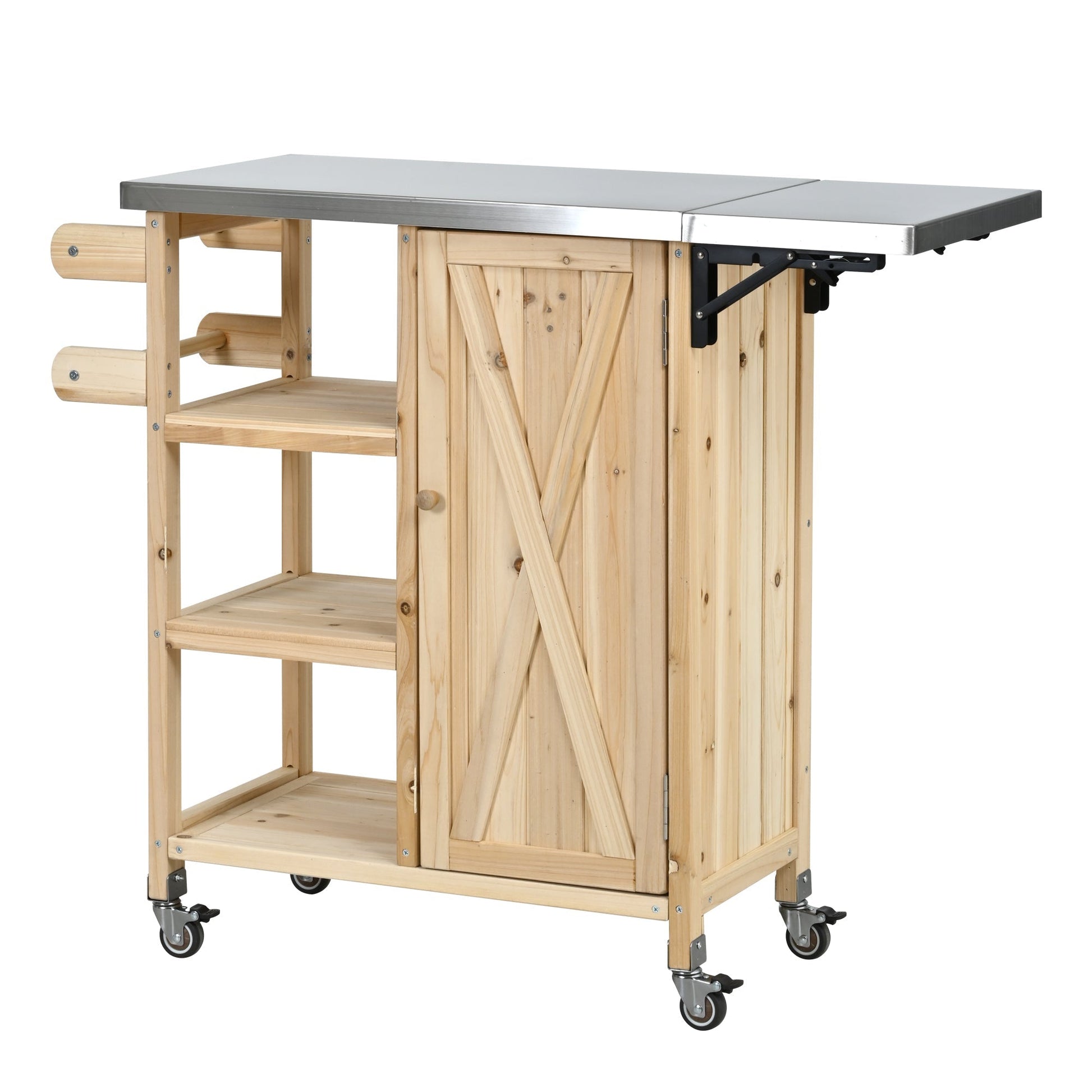 Foldable outdoor kitchen island with stainless steel top and wood frame on caster wheels on Tampa Home & Garden Store
