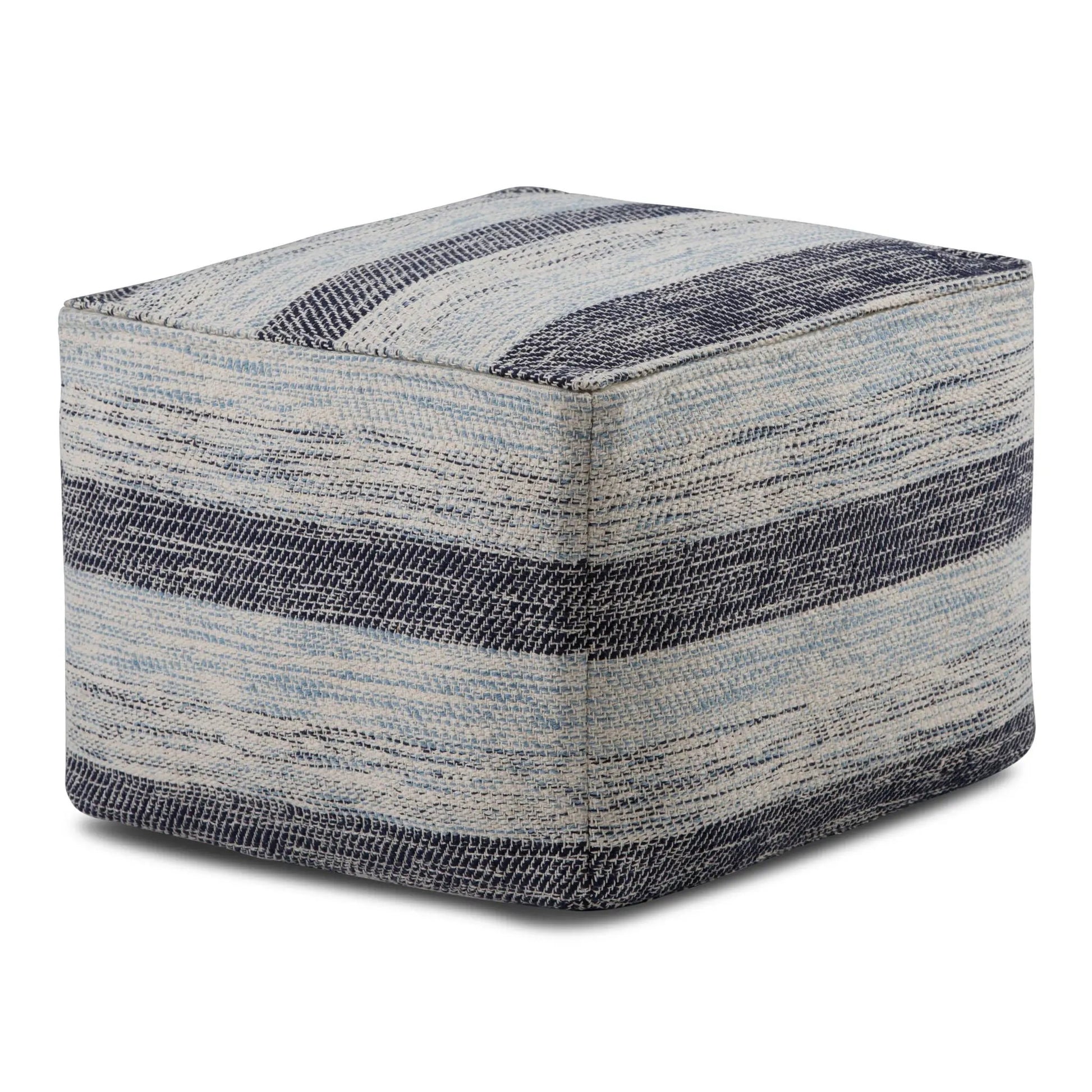 Square upholstered pouf in blue and cream stripe woven fabric by Unique Piece Furniture on Tampa Home & Garden Store