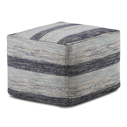 Square upholstered pouf in blue and cream stripe woven fabric by Unique Piece Furniture on Tampa Home & Garden Store