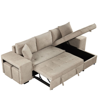 L-shaped sleeper sectional sofa in beige with pull-out bed, storage chaise, and 2 ottomans on Tampa Home & Garden Store