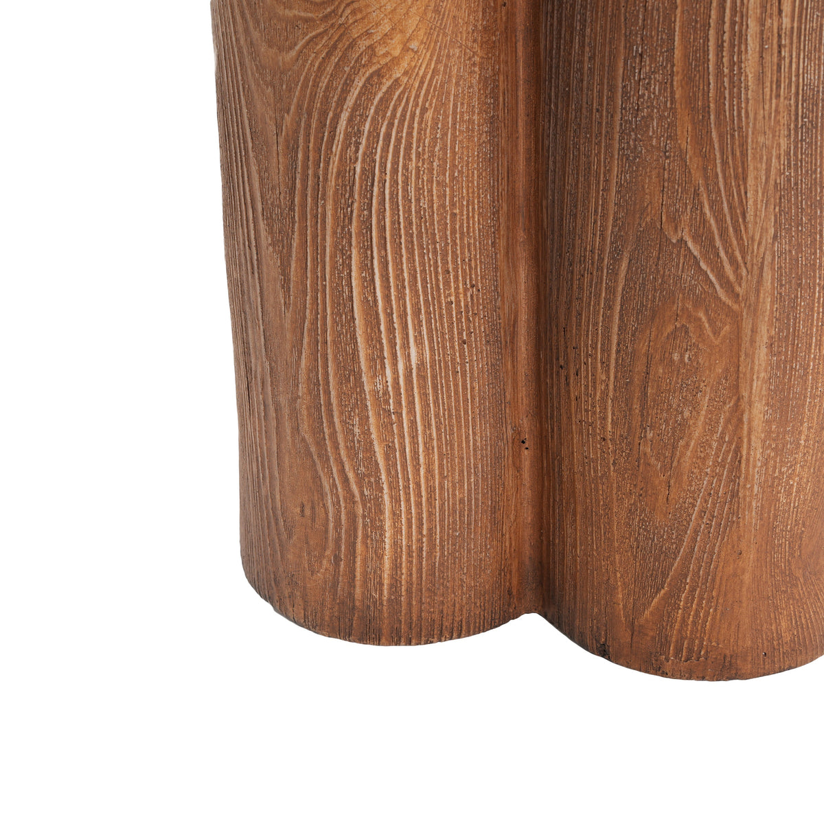 Iris Outdoor Patio Three-Legged Wood-Grain Side Table close-up brown wood texture on Tampa Home & Garden Store