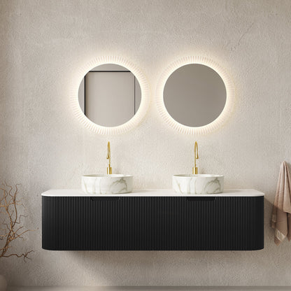 Dina 60in bathroom vanity with dual marble vessel sinks and gold faucets, black ribbed base on Tampa Home & Garden Store