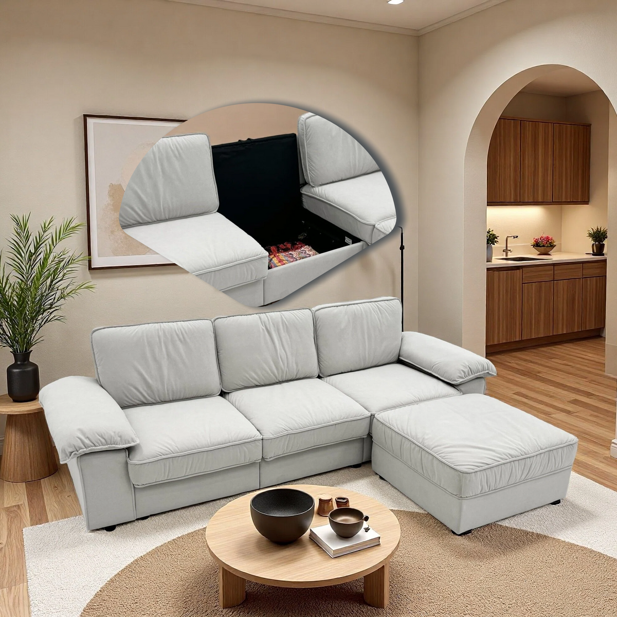 Modern L-shaped sectional sofa with ottoman in light gray fabric by HouseOfZazla, 105.5 inch on Tampa Home & Garden Store
