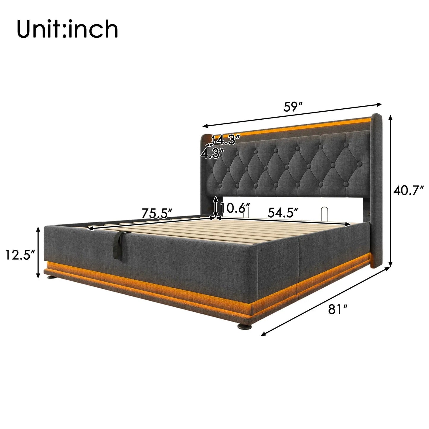 Upholstered gray storage bed with tufted headboard, 360 LED lighting, USB-C charging on Tampa Home & Garden Store