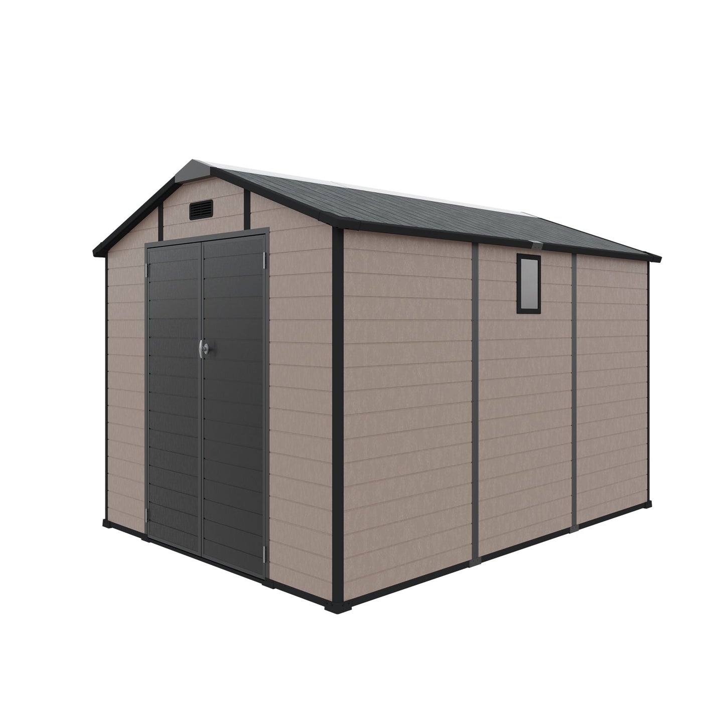 HouseOfZazla 8x10 ft plastic shed with lockable resin doors beige siding vented side window on Tampa Home & Garden Store