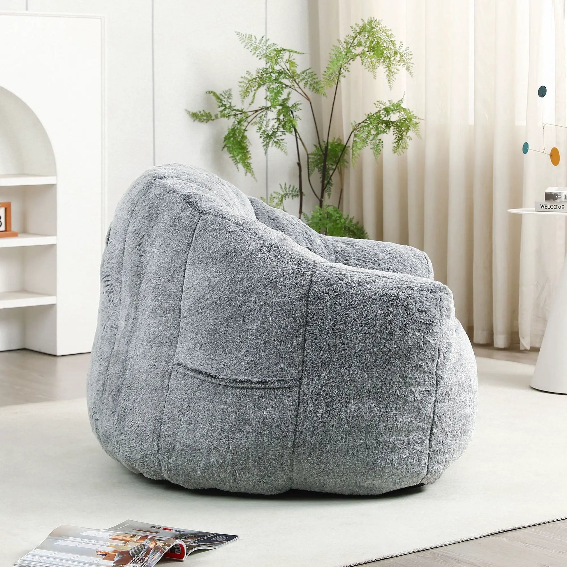 Beanbag chair with armrests in grey plush fabric, high-density foam fill by Unique Piece Furniture on Tampa Home & Garden Store