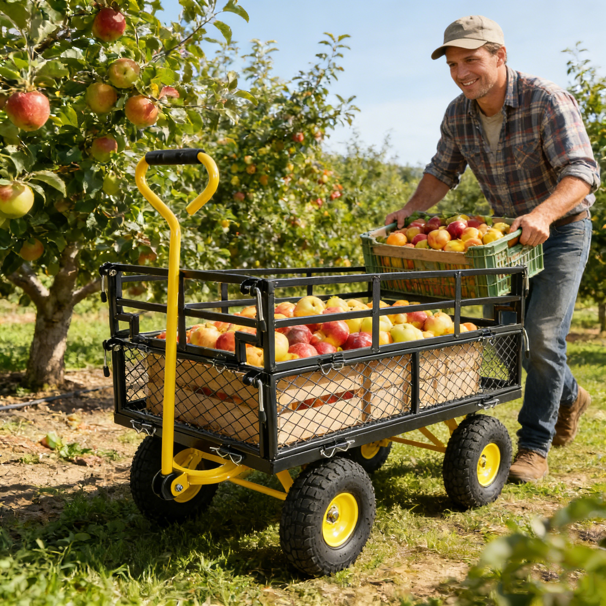 Outdoor Wagon with yellow wheels carrying apple crates in an orchard on Tampa Home & Garden Store