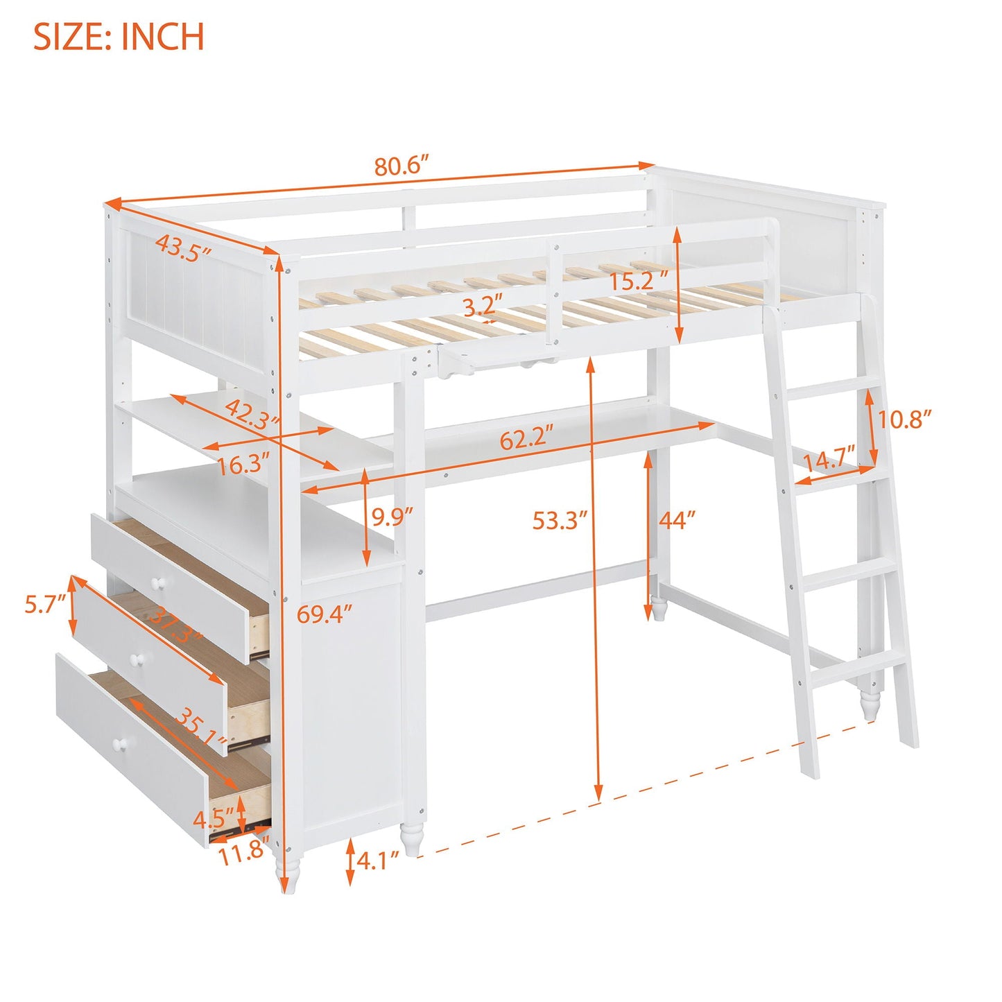 Space Saving Loft Bed with Desk and Drawers