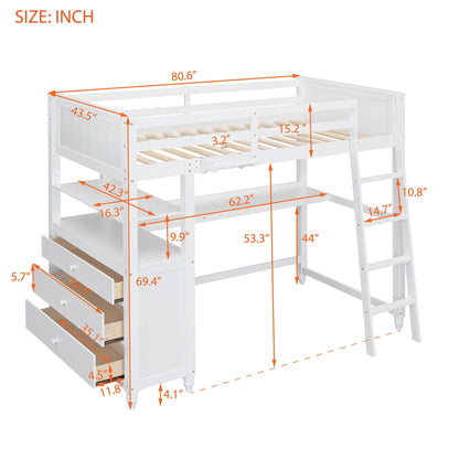 Space Saving Loft Bed with Desk and Drawers