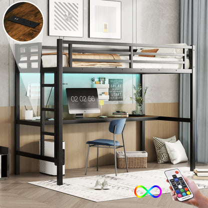 Metal twin XL loft bed with desk by HouseOfZazla, black finish, power outlet and LED light on Tampa Home & Garden Store