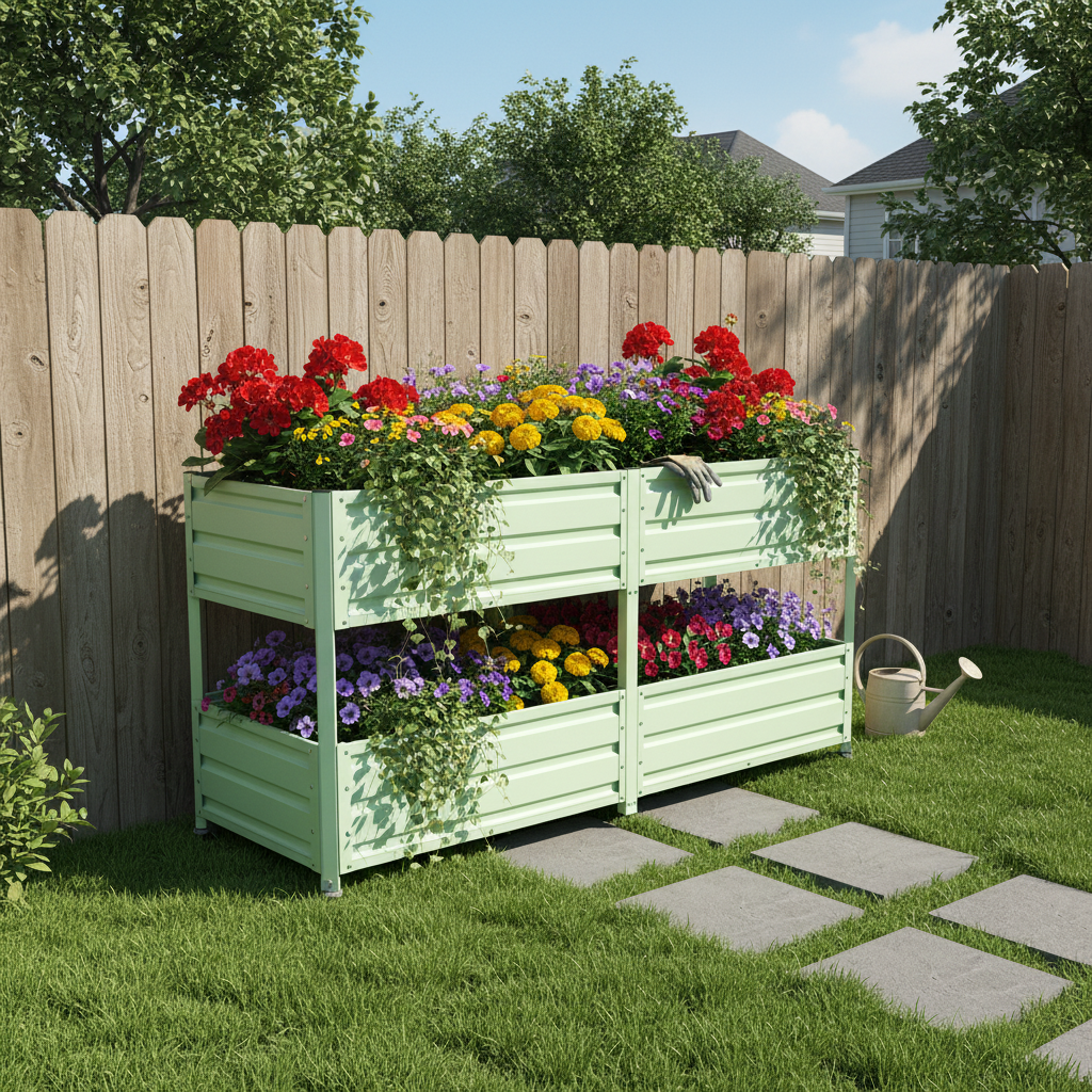 Dual Tier Metal Raised Garden Bed by HouseOfZazla mint-green with lockable wheels, blooms on Tampa Home & Garden Store
