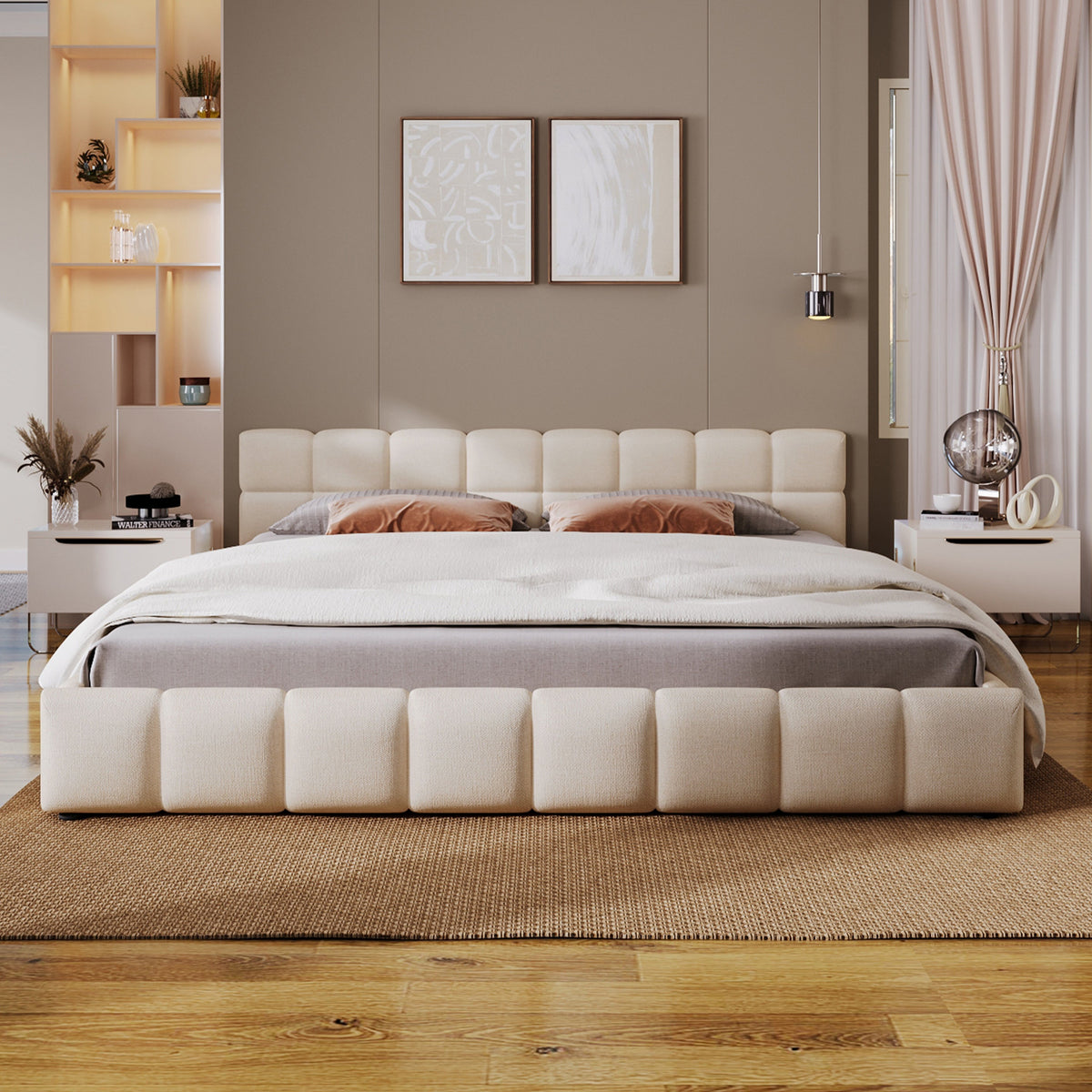 Elegant chenille upholstered beige bed with checkerboard headboard shown in modern bedroom on Tampa Home & Garden Store