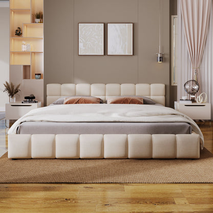 Elegant chenille upholstered beige bed with checkerboard headboard shown in modern bedroom on Tampa Home & Garden Store