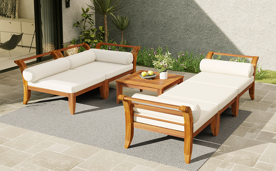 6-piece acacia wood outdoor modular sectional daybed and tea table, white cushions HouseOfZazla on Tampa Home & Garden Store