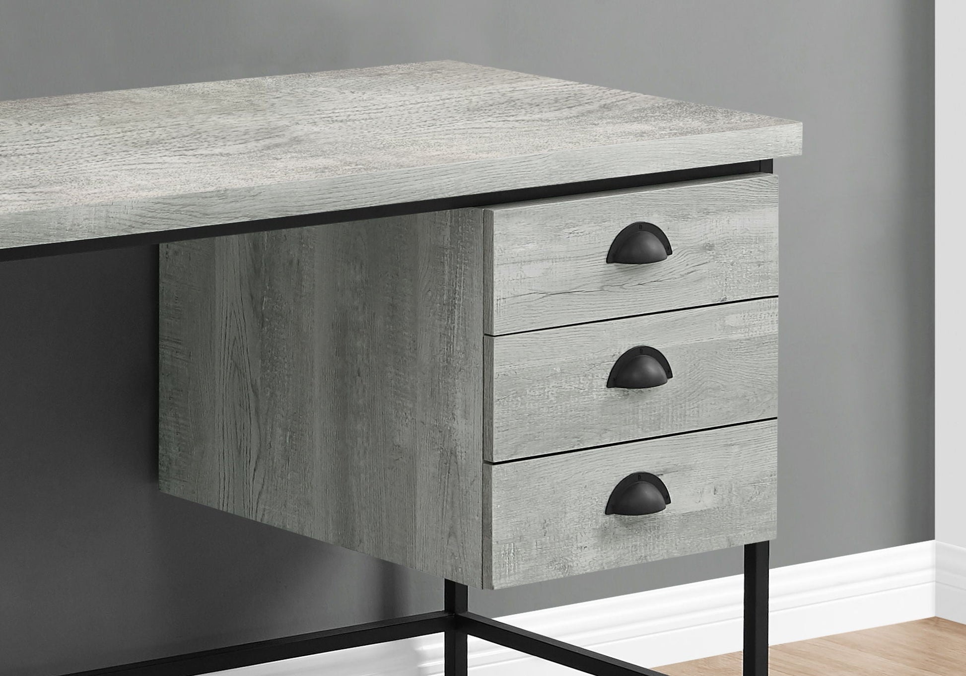 HouseOfZazla grey wood writing desk with 3 drawers and black cup handles on Tampa Home & Garden Store